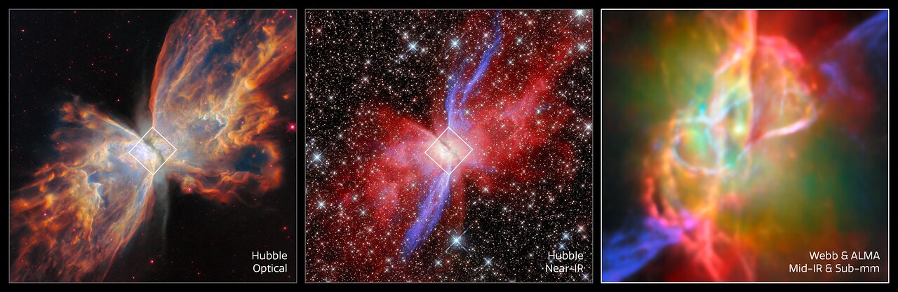 Butterfly Bulutulası NGC 6302 (Hubble ve Webb + Alma görüntüleri, yan yana)