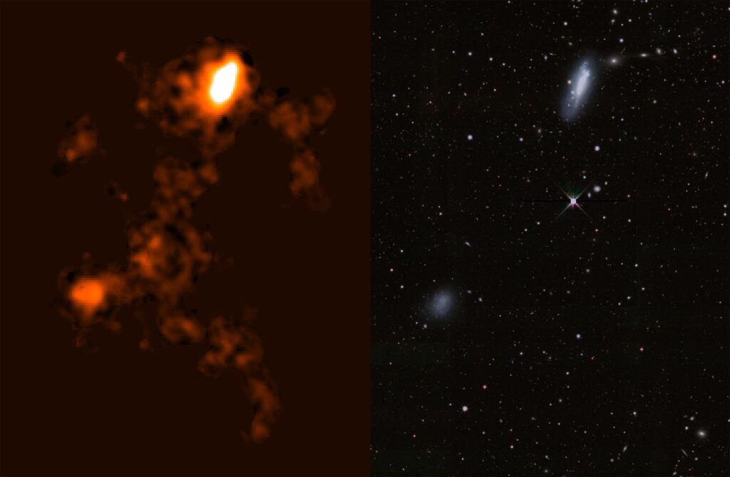Cosmos'u Bağlama: Geniş bir gaz köprüsü ile birleştirilen cüce galaksiler 9 Galaksilerin çiftinin iki görüntüsü yan yana - sol, portakal tonlarında, gazı gösteren, sağ yıldızları gösteren görünür ışıktır.
